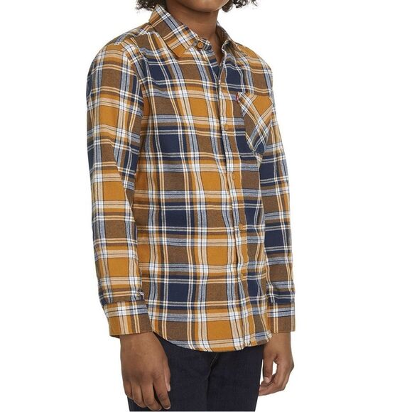 Levi's youth unisex button down long sleeve yellow blue plaid cotton flannel XL - Picture 1 of 9